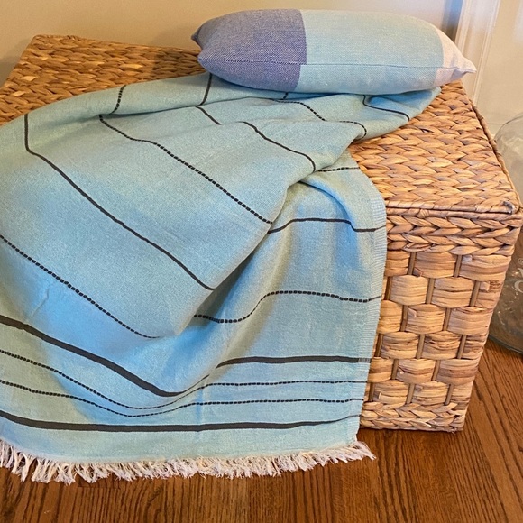 Organic Cotton Throw Blanket Water Green Black Minimal Stripe Boho Coastal Set 2 - Picture 2 of 9